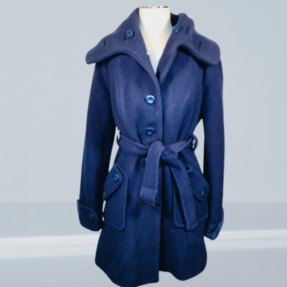 Elevenses Navy Belted Wool Tweed Peacoat Anthropologie Vintage Coat XS